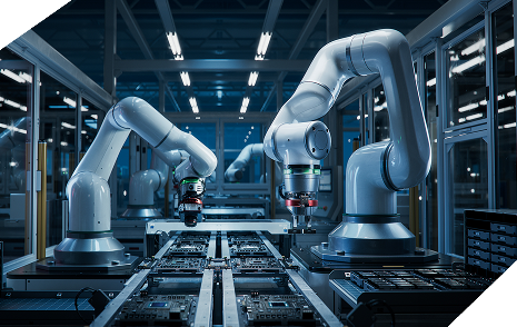 Robotic arms in a factory assembly line